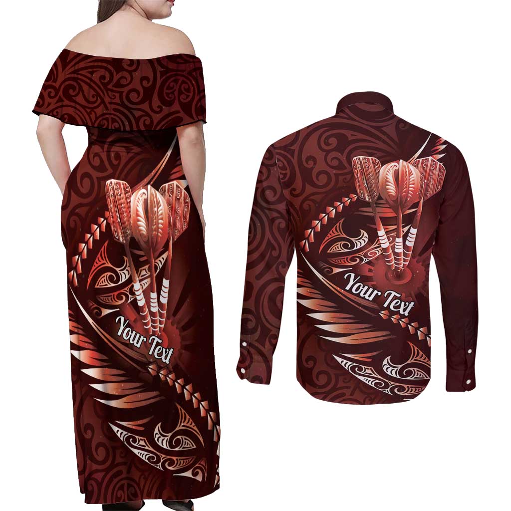 Personalised All Red New Zealand Darts Couples Matching Off Shoulder Maxi Dress and Long Sleeve Button Shirt Aoteroa Fern Maori Galaxy Style LT14 - Polynesian Pride