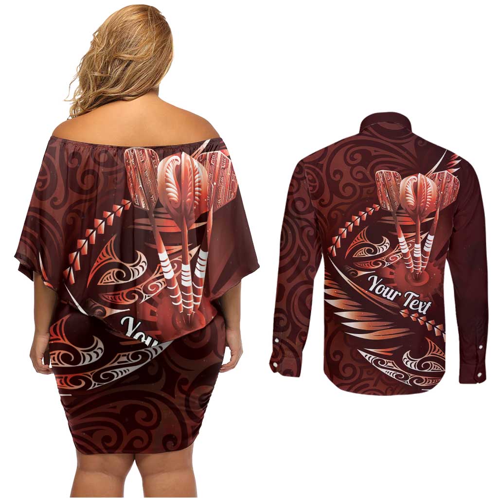 Personalised All Red New Zealand Darts Couples Matching Off Shoulder Short Dress and Long Sleeve Button Shirt Aoteroa Fern Maori Galaxy Style LT14 - Polynesian Pride