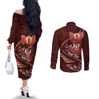 Personalised All Red New Zealand Darts Couples Matching Off The Shoulder Long Sleeve Dress and Long Sleeve Button Shirt Aoteroa Fern Maori Galaxy Style LT14 - Polynesian Pride