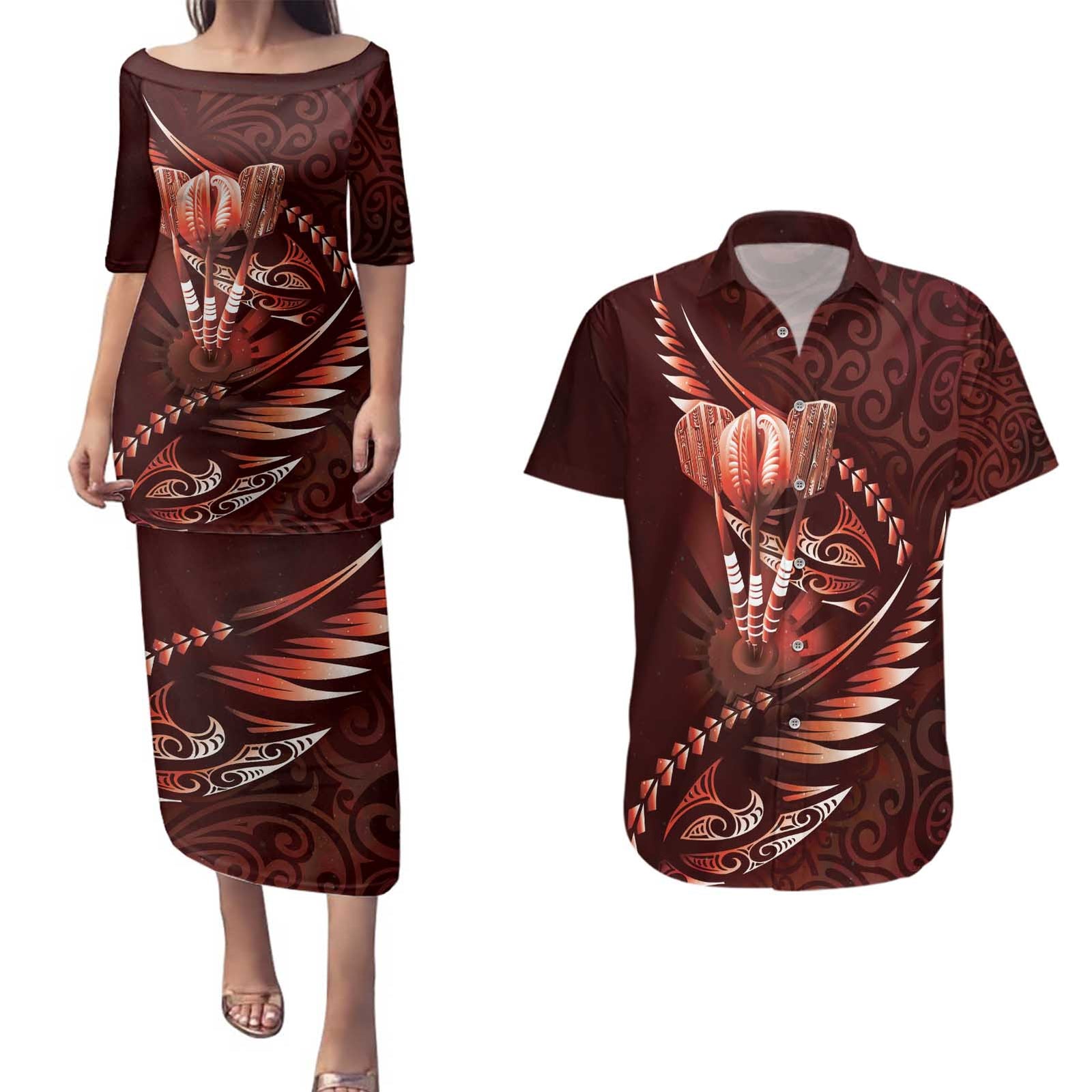 Personalised All Red New Zealand Darts Couples Matching Puletasi and Hawaiian Shirt Aoteroa Fern Maori Galaxy Style