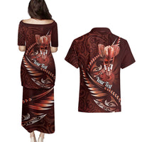 Personalised All Red New Zealand Darts Couples Matching Puletasi and Hawaiian Shirt Aoteroa Fern Maori Galaxy Style LT14 - Polynesian Pride