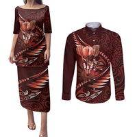 Personalised All Red New Zealand Darts Couples Matching Puletasi and Long Sleeve Button Shirt Aoteroa Fern Maori Galaxy Style LT14 Red - Polynesian Pride