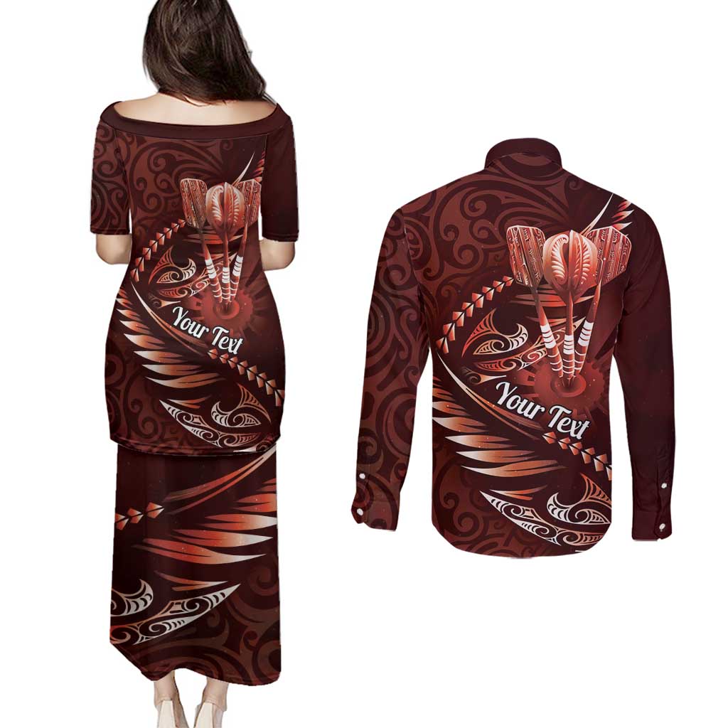 Personalised All Red New Zealand Darts Couples Matching Puletasi and Long Sleeve Button Shirt Aoteroa Fern Maori Galaxy Style LT14 - Polynesian Pride