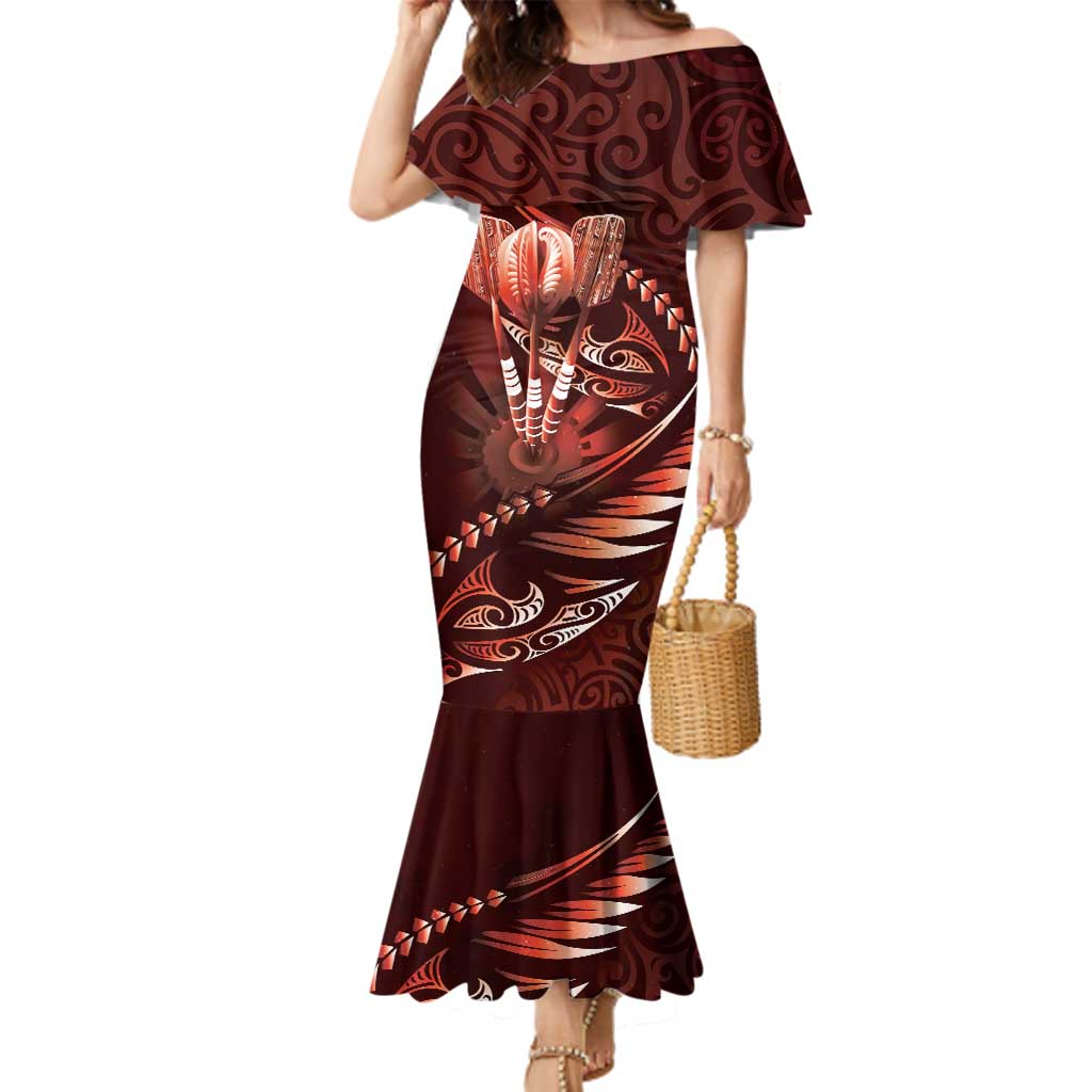 Personalised All Red New Zealand Darts Family Matching Mermaid Dress and Hawaiian Shirt Aoteroa Fern Maori Galaxy Style LT14 Mom's Dress Red - Polynesian Pride