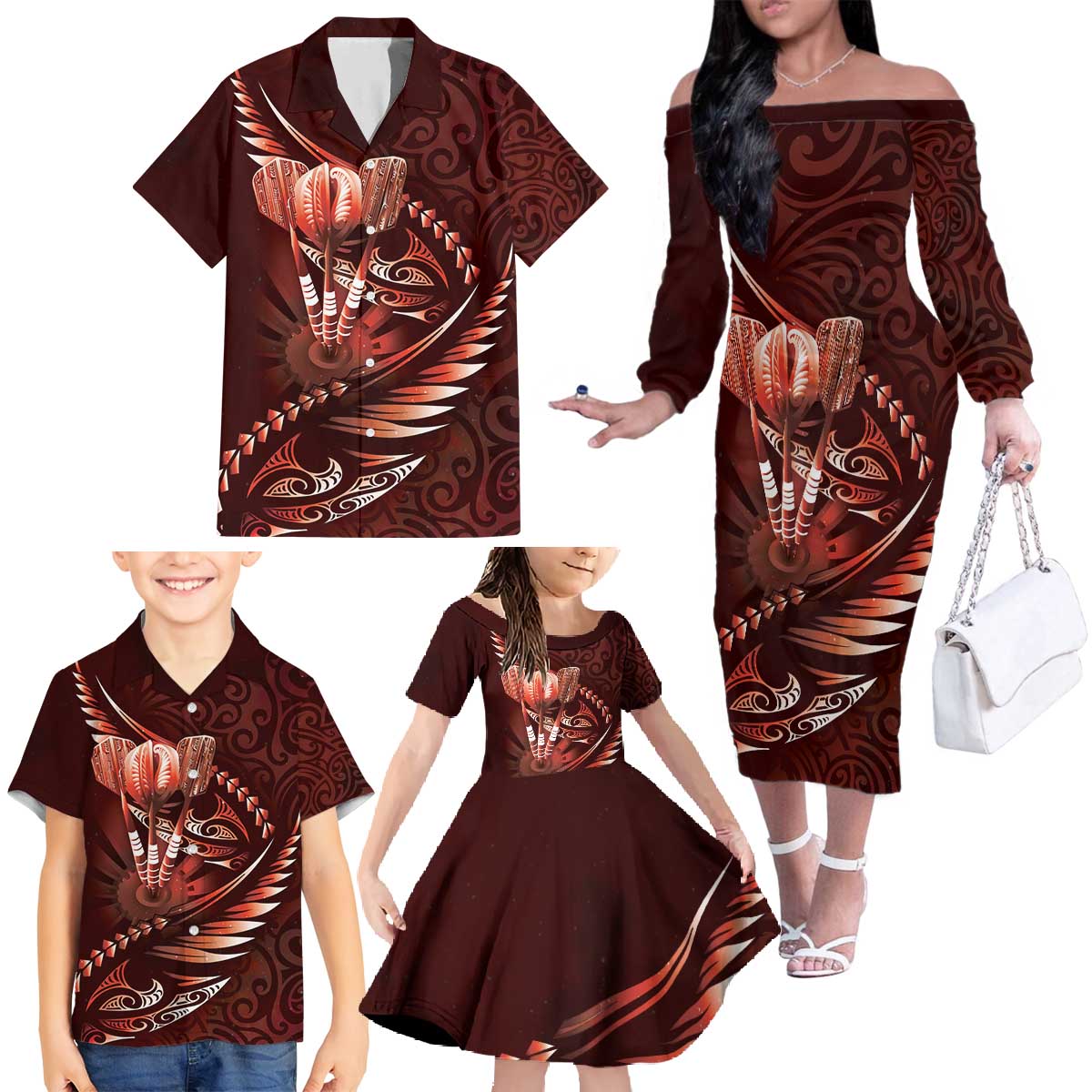 Personalised All Red New Zealand Darts Family Matching Off The Shoulder Long Sleeve Dress and Hawaiian Shirt Aoteroa Fern Maori Galaxy Style LT14 - Polynesian Pride