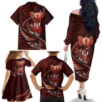 Personalised All Red New Zealand Darts Family Matching Off The Shoulder Long Sleeve Dress and Hawaiian Shirt Aoteroa Fern Maori Galaxy Style LT14 - Polynesian Pride
