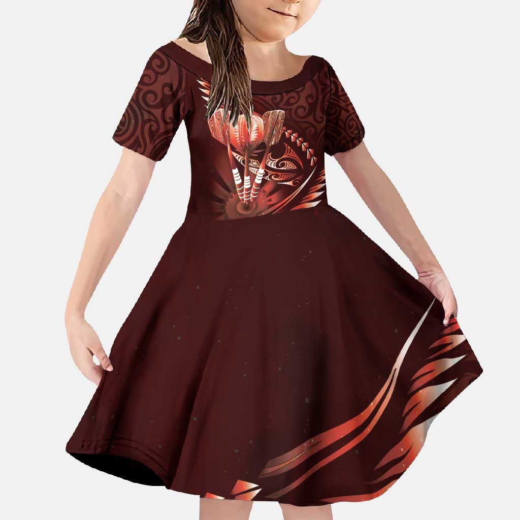 Personalised All Red New Zealand Darts Family Matching Off Shoulder Maxi Dress and Hawaiian Shirt Aoteroa Fern Maori Galaxy Style LT14 Daughter's Dress Red - Polynesian Pride