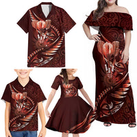 Personalised All Red New Zealand Darts Family Matching Off Shoulder Maxi Dress and Hawaiian Shirt Aoteroa Fern Maori Galaxy Style LT14 - Polynesian Pride