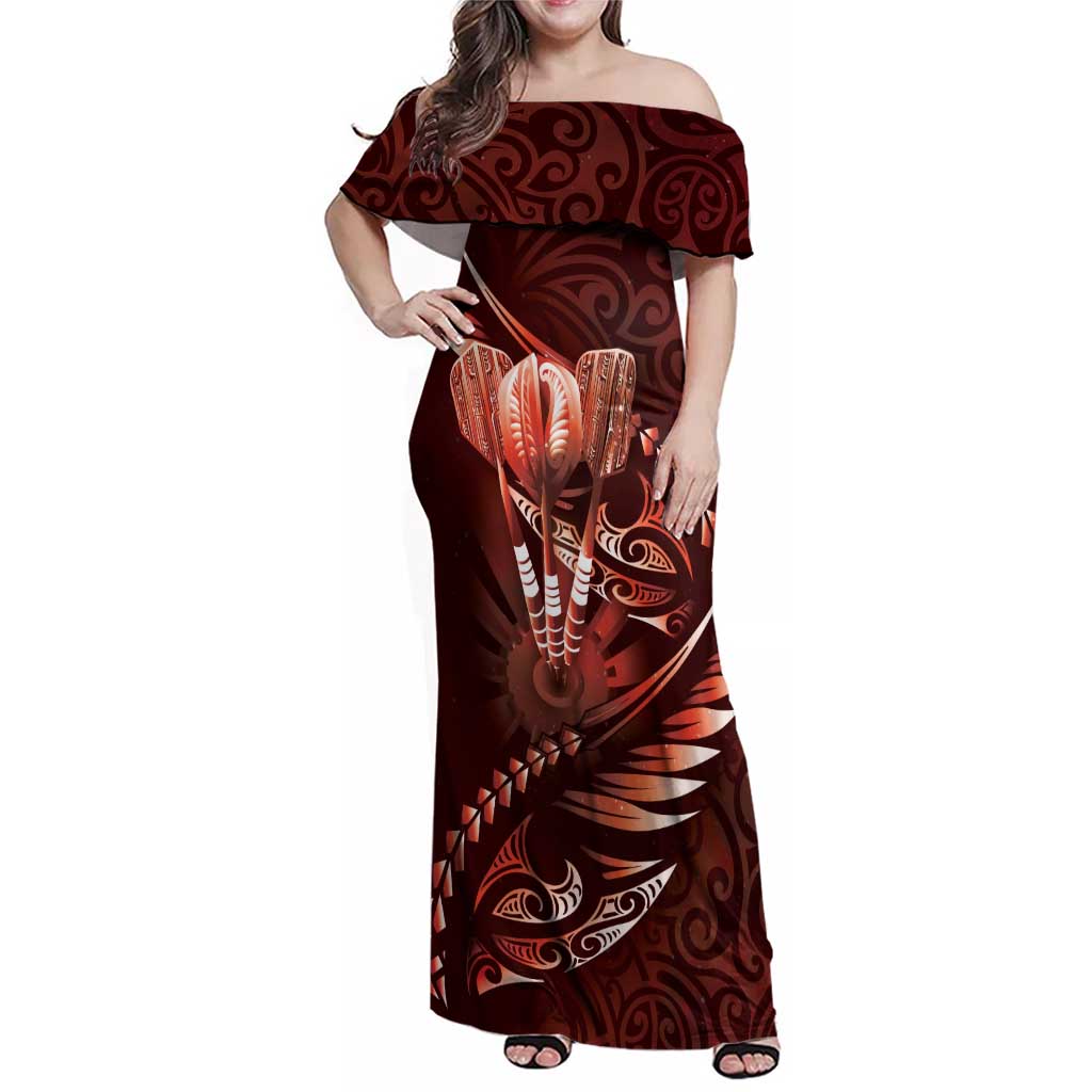 Personalised All Red New Zealand Darts Family Matching Off Shoulder Maxi Dress and Hawaiian Shirt Aoteroa Fern Maori Galaxy Style LT14 Mom's Dress Red - Polynesian Pride