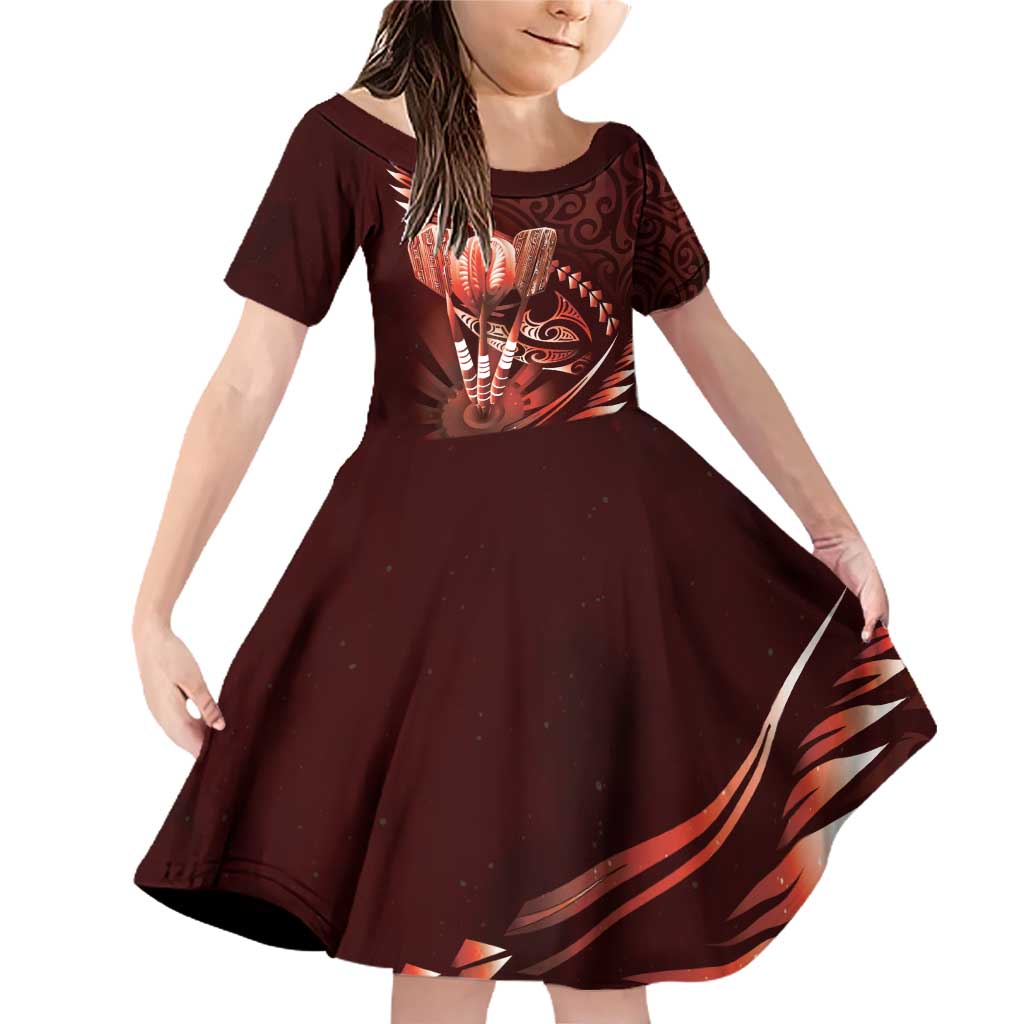 Personalised All Red New Zealand Darts Family Matching Off Shoulder Short Dress and Hawaiian Shirt Aoteroa Fern Maori Galaxy Style LT14 Daughter's Dress Red - Polynesian Pride