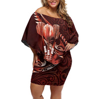Personalised All Red New Zealand Darts Family Matching Off Shoulder Short Dress and Hawaiian Shirt Aoteroa Fern Maori Galaxy Style LT14 Mom's Dress Red - Polynesian Pride