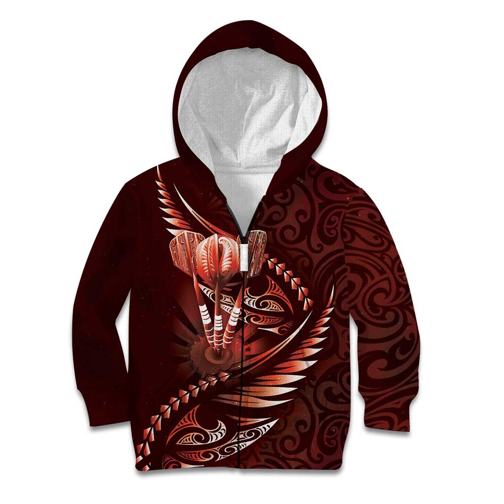 Personalised All Red New Zealand Darts Kid Hoodie Aoteroa Fern Maori Galaxy Style LT14 Zip Hoodie Red - Polynesian Pride