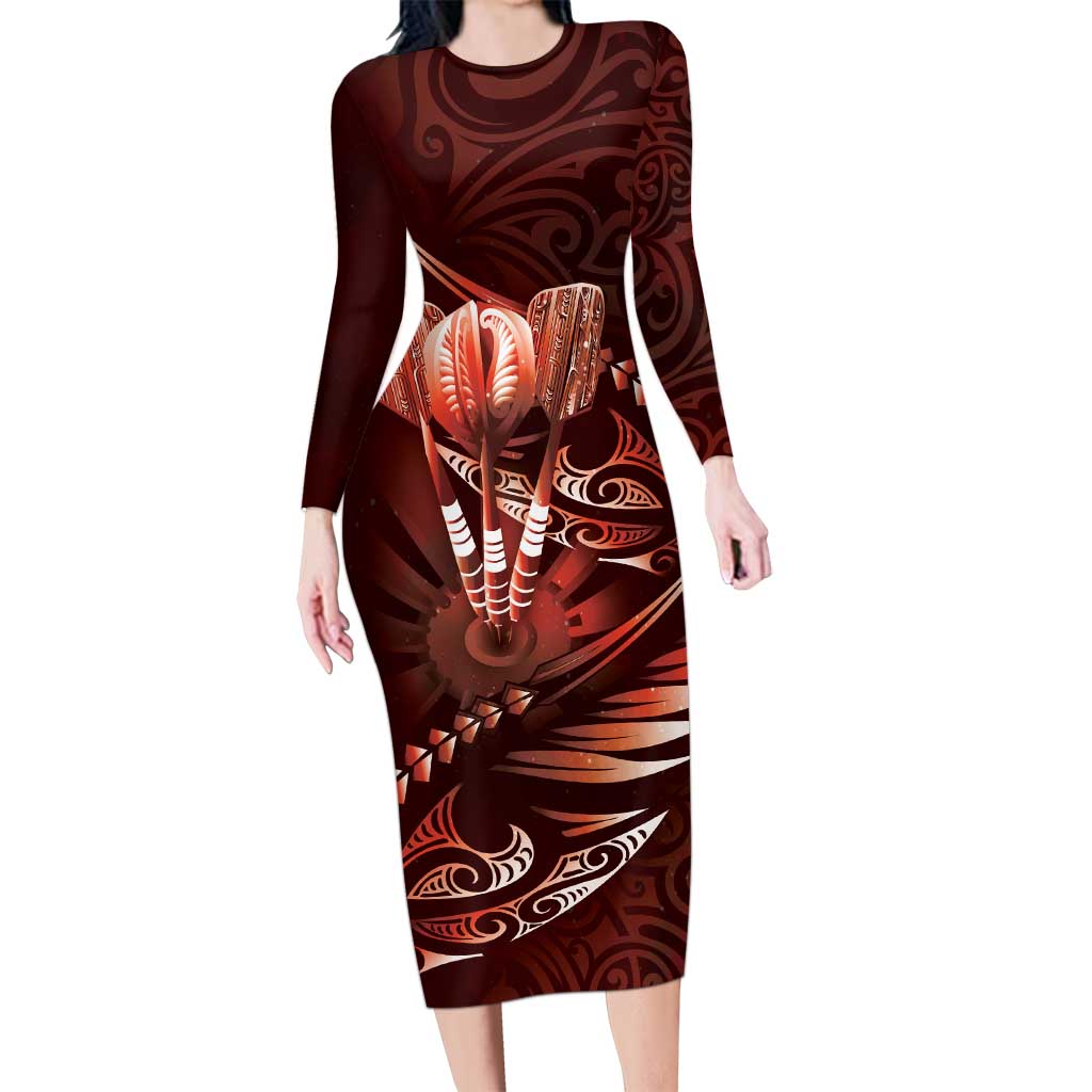 Personalised All Red New Zealand Darts Long Sleeve Bodycon Dress Aoteroa Fern Maori Galaxy Style LT14 Long Dress Red - Polynesian Pride