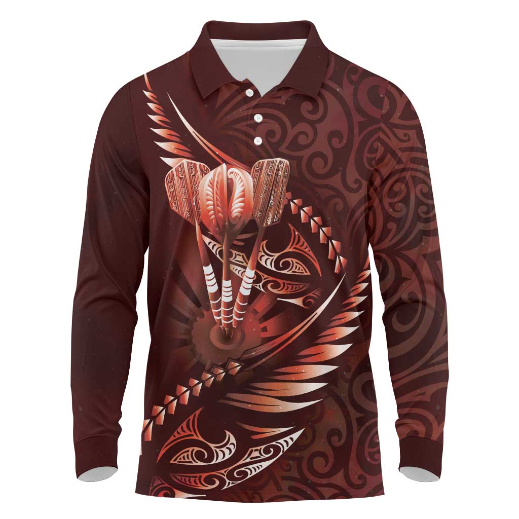 Personalised All Red New Zealand Darts Long Sleeve Polo Shirt Aoteroa Fern Maori Galaxy Style LT14 Red - Polynesian Pride