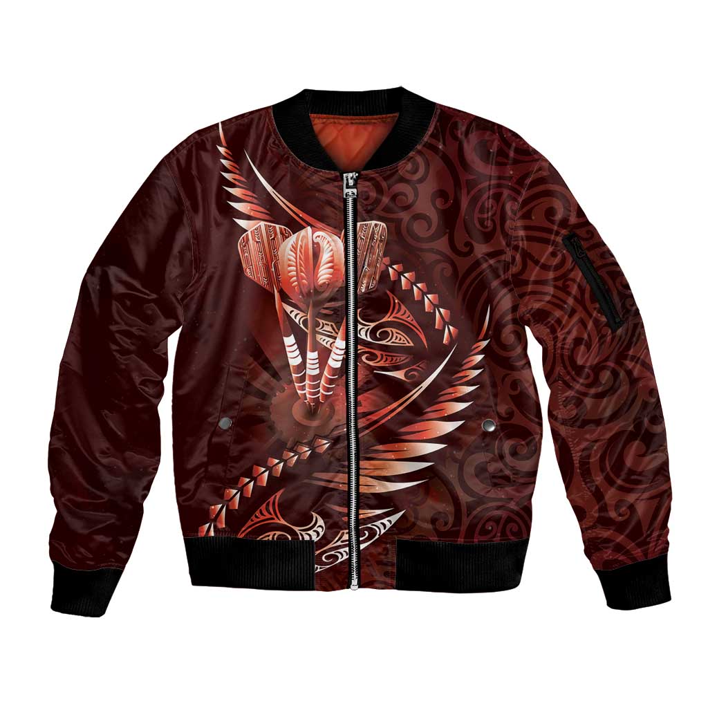 Personalised All Red New Zealand Darts Sleeve Zip Bomber Jacket Aoteroa Fern Maori Galaxy Style LT14 Unisex Red - Polynesian Pride