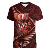 Personalised All Red New Zealand Darts Women V-Neck T-Shirt Aoteroa Fern Maori Galaxy Style LT14 Female Red - Polynesian Pride