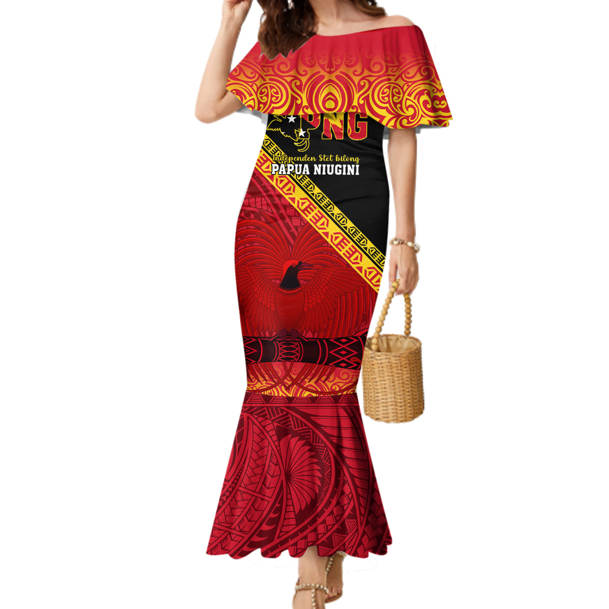 Papua New Guinea Family Matching Mermaid Dress and Hawaiian Shirt Independen Stet bilong Papua Niugini Unique Version LT14 Mom's Dress Red - Polynesian Pride