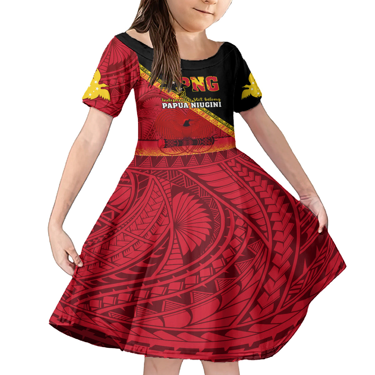 Papua New Guinea Family Matching Off Shoulder Long Sleeve Dress and Hawaiian Shirt Independen Stet bilong Papua Niugini Unique Version LT14 Daughter's Dress Red - Polynesian Pride