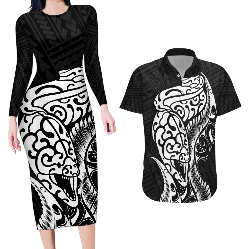 New Zealand Eel Couples Matching Long Sleeve Bodycon Dress and Hawaiian Shirt Tuna Aotearoa Maori Patten - Black LT14 Black - Polynesian Pride