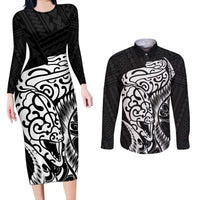 New Zealand Eel Couples Matching Long Sleeve Bodycon Dress and Long Sleeve Button Shirt Tuna Aotearoa Maori Patten - Black LT14 Black - Polynesian Pride