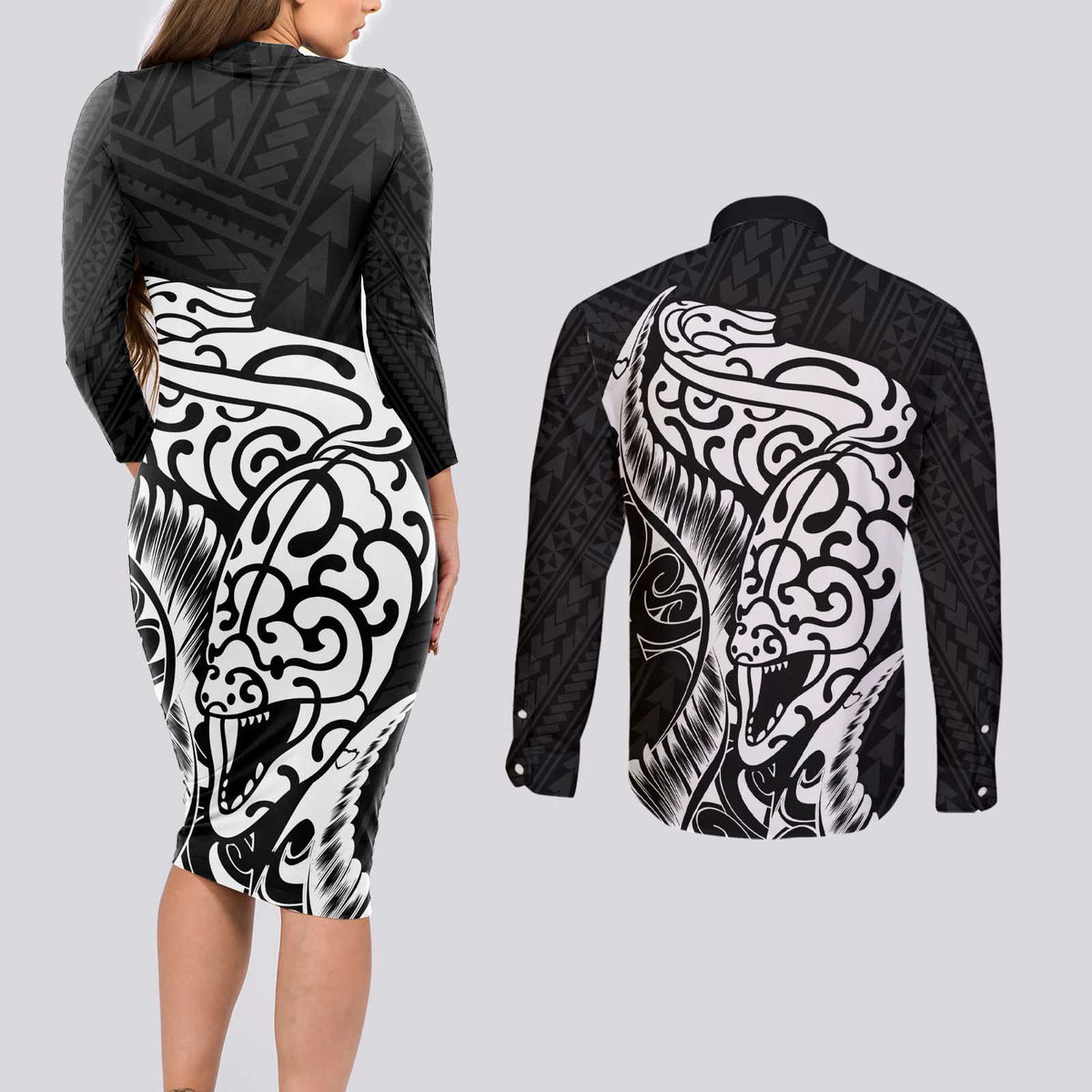 New Zealand Eel Couples Matching Long Sleeve Bodycon Dress and Long Sleeve Button Shirt Tuna Aotearoa Maori Patten - Black LT14 - Polynesian Pride