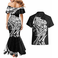 New Zealand Eel Couples Matching Mermaid Dress and Hawaiian Shirt Tuna Aotearoa Maori Patten - Black LT14 - Polynesian Pride