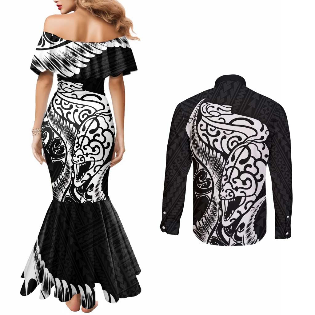 New Zealand Eel Couples Matching Mermaid Dress and Long Sleeve Button Shirt Tuna Aotearoa Maori Patten - Black LT14 - Polynesian Pride