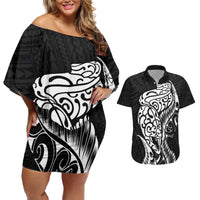 New Zealand Eel Couples Matching Off Shoulder Short Dress and Hawaiian Shirt Tuna Aotearoa Maori Patten - Black LT14 Black - Polynesian Pride