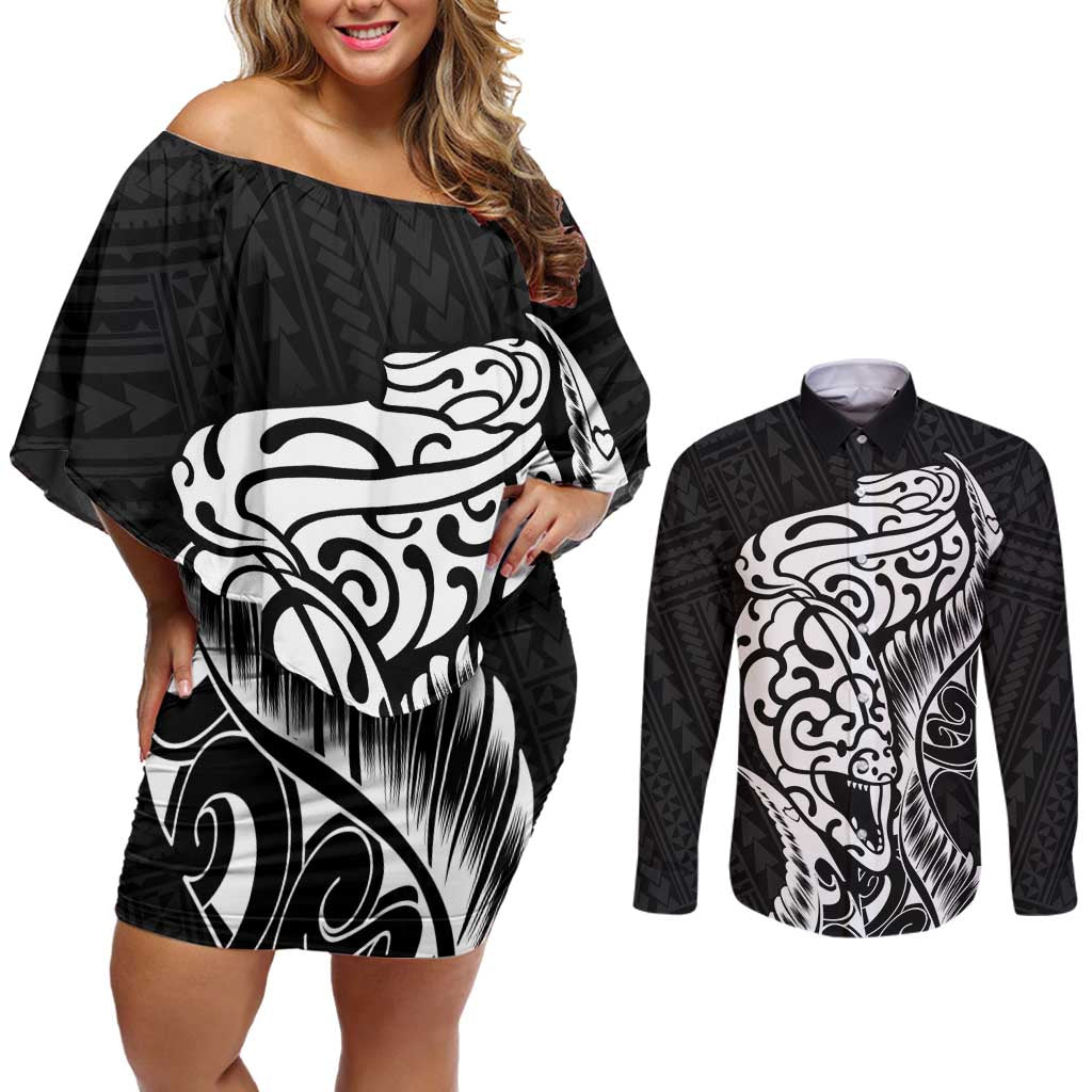 New Zealand Eel Couples Matching Off Shoulder Short Dress and Long Sleeve Button Shirt Tuna Aotearoa Maori Patten - Black LT14 Black - Polynesian Pride