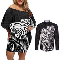 New Zealand Eel Couples Matching Off Shoulder Short Dress and Long Sleeve Button Shirt Tuna Aotearoa Maori Patten - Black LT14 Black - Polynesian Pride