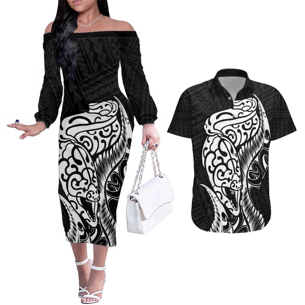 New Zealand Eel Couples Matching Off The Shoulder Long Sleeve Dress and Hawaiian Shirt Tuna Aotearoa Maori Patten - Black LT14 Black - Polynesian Pride