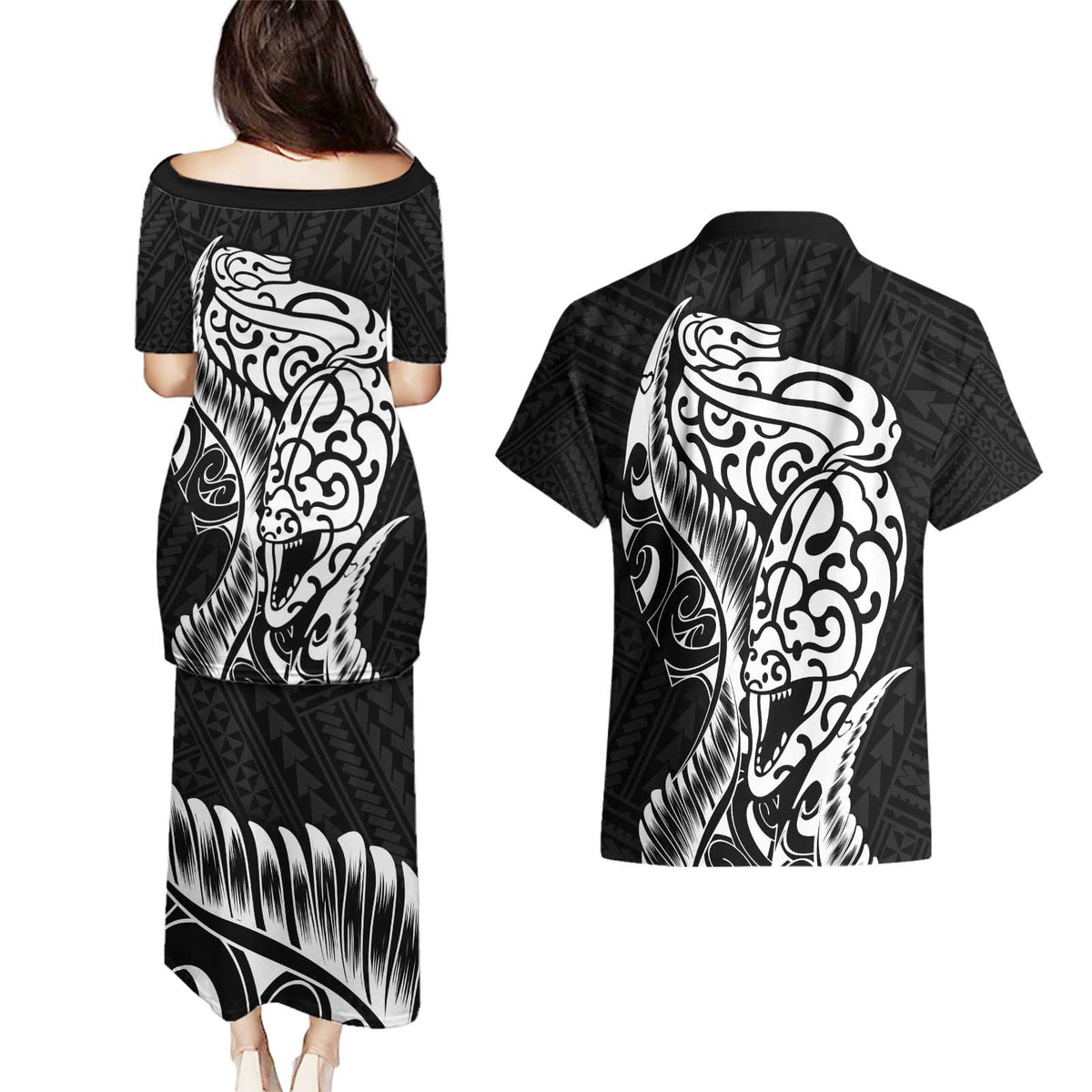 New Zealand Eel Couples Matching Puletasi and Hawaiian Shirt Tuna Aotearoa Maori Patten - Black LT14 - Polynesian Pride
