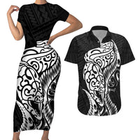 New Zealand Eel Couples Matching Short Sleeve Bodycon Dress and Hawaiian Shirt Tuna Aotearoa Maori Patten - Black LT14 Black - Polynesian Pride