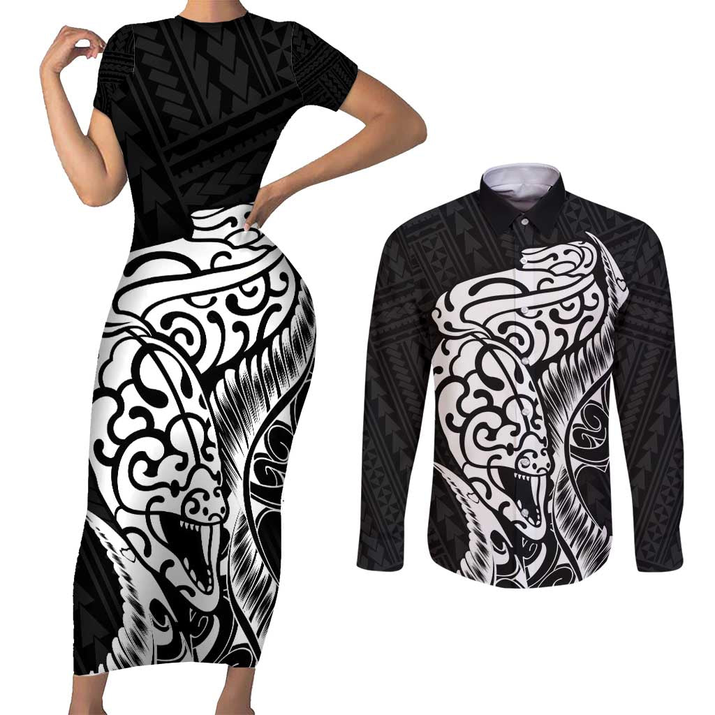 New Zealand Eel Couples Matching Short Sleeve Bodycon Dress and Long Sleeve Button Shirt Tuna Aotearoa Maori Patten - Black LT14 Black - Polynesian Pride