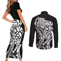 New Zealand Eel Couples Matching Short Sleeve Bodycon Dress and Long Sleeve Button Shirt Tuna Aotearoa Maori Patten - Black LT14 - Polynesian Pride