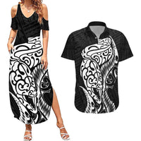 New Zealand Eel Couples Matching Summer Maxi Dress and Hawaiian Shirt Tuna Aotearoa Maori Patten - Black LT14 Black - Polynesian Pride