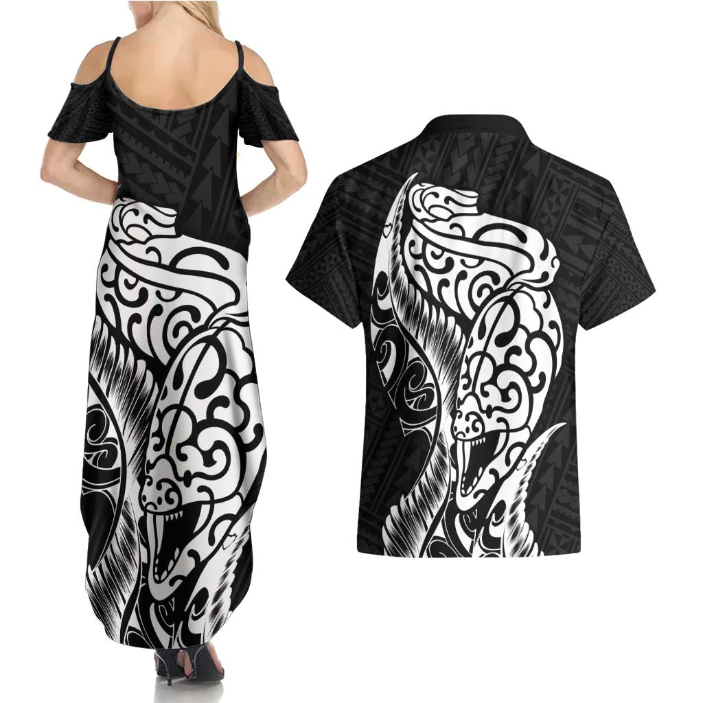 New Zealand Eel Couples Matching Summer Maxi Dress and Hawaiian Shirt Tuna Aotearoa Maori Patten - Black LT14 - Polynesian Pride