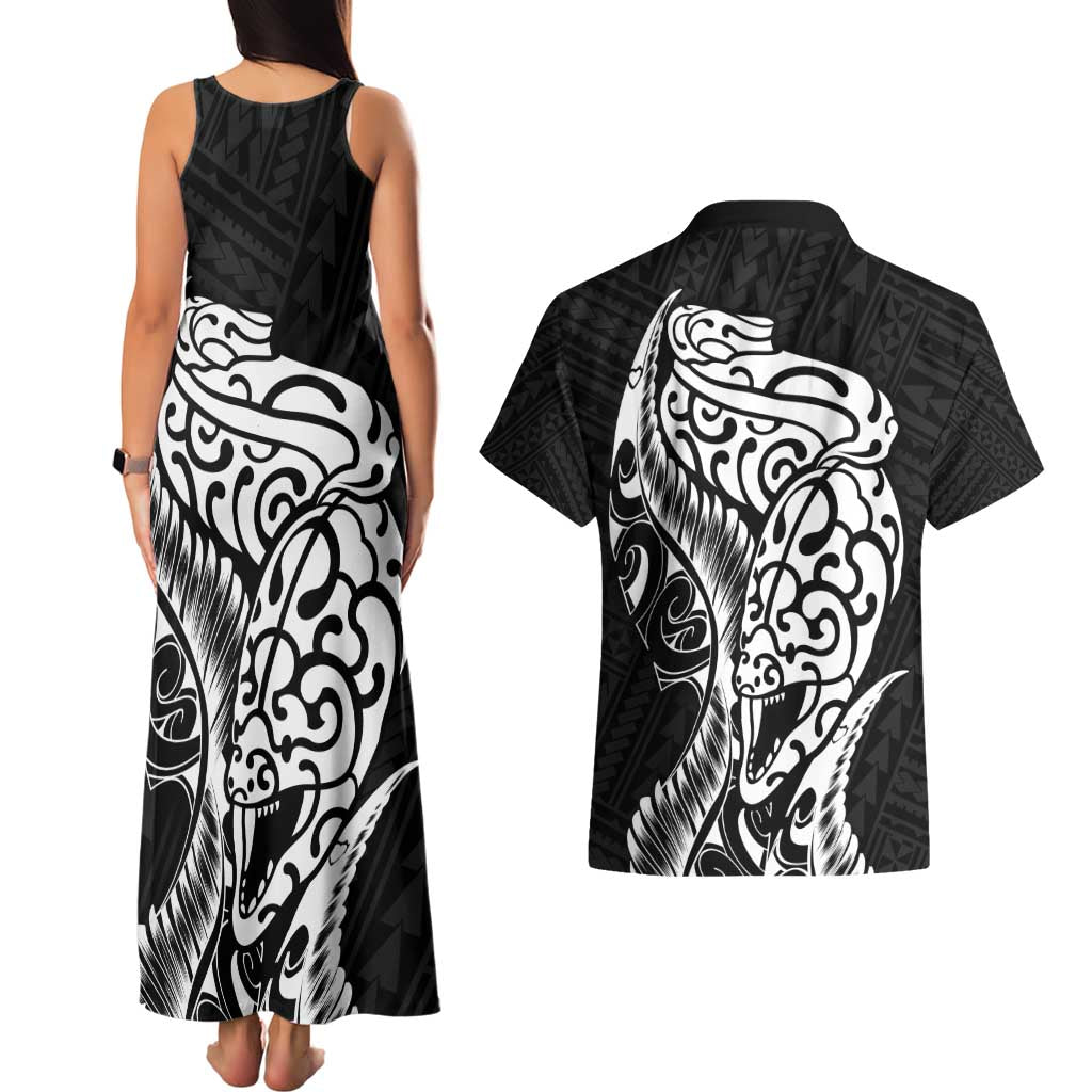 New Zealand Eel Couples Matching Tank Maxi Dress and Hawaiian Shirt Tuna Aotearoa Maori Patten - Black LT14 - Polynesian Pride
