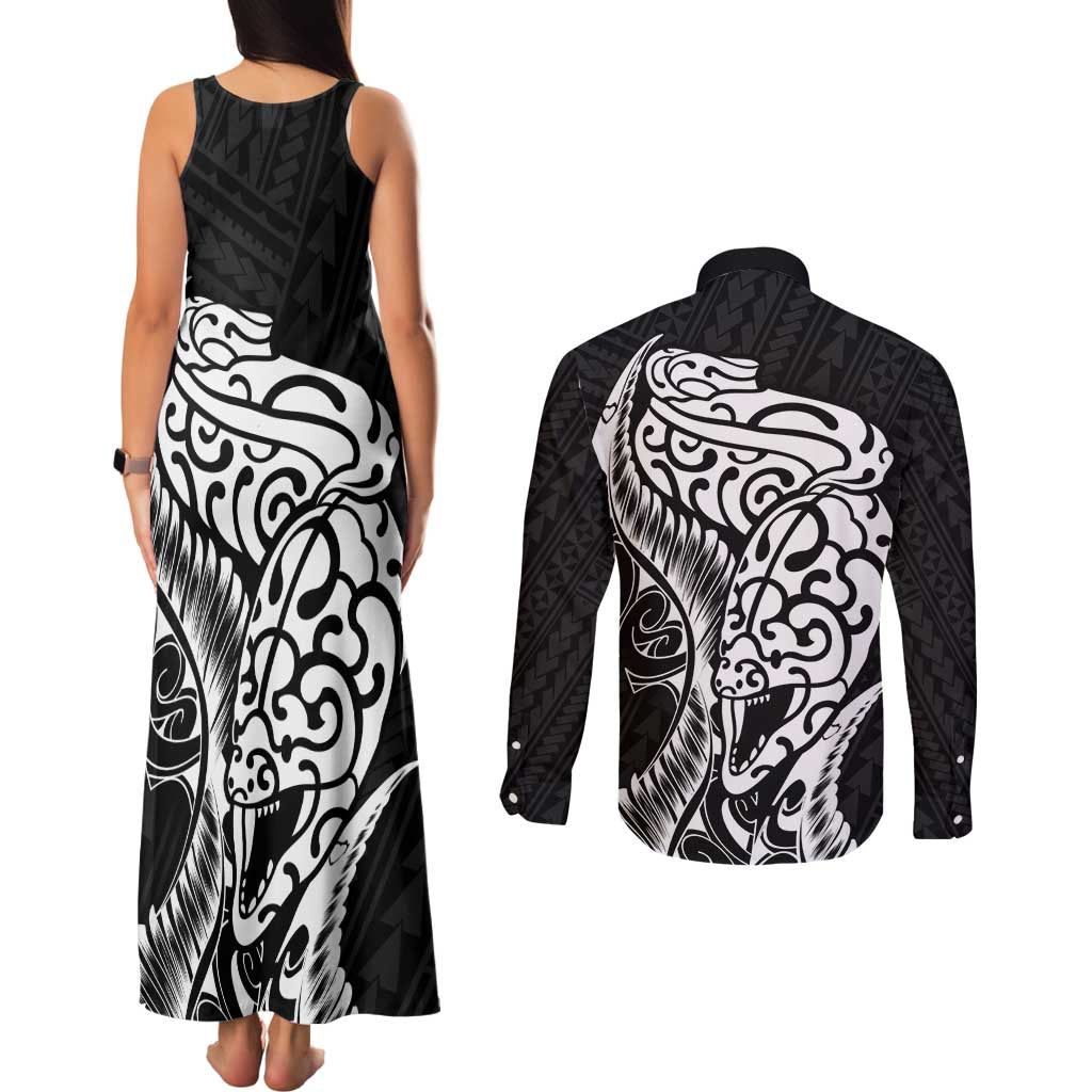 New Zealand Eel Couples Matching Tank Maxi Dress and Long Sleeve Button Shirt Tuna Aotearoa Maori Patten - Black LT14 - Polynesian Pride