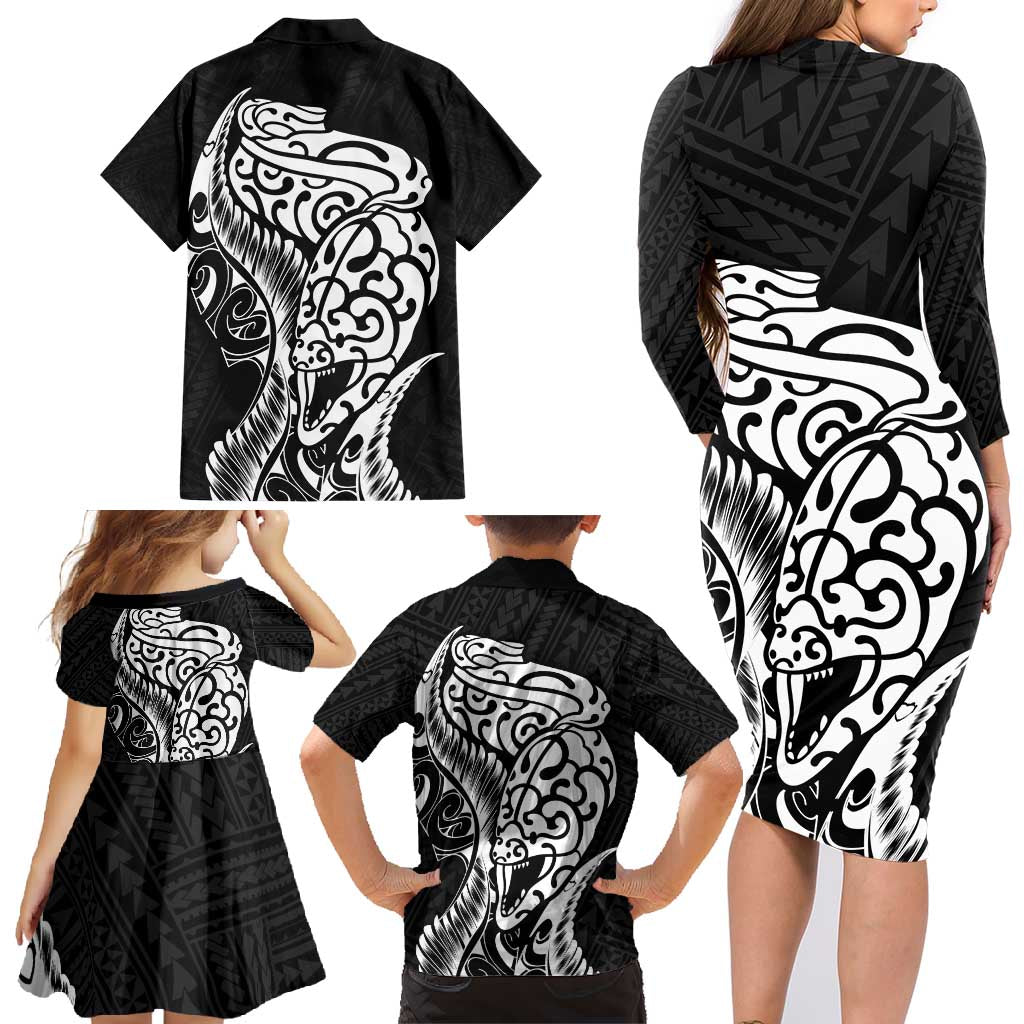 New Zealand Eel Family Matching Long Sleeve Bodycon Dress and Hawaiian Shirt Tuna Aotearoa Maori Patten - Black LT14 - Polynesian Pride