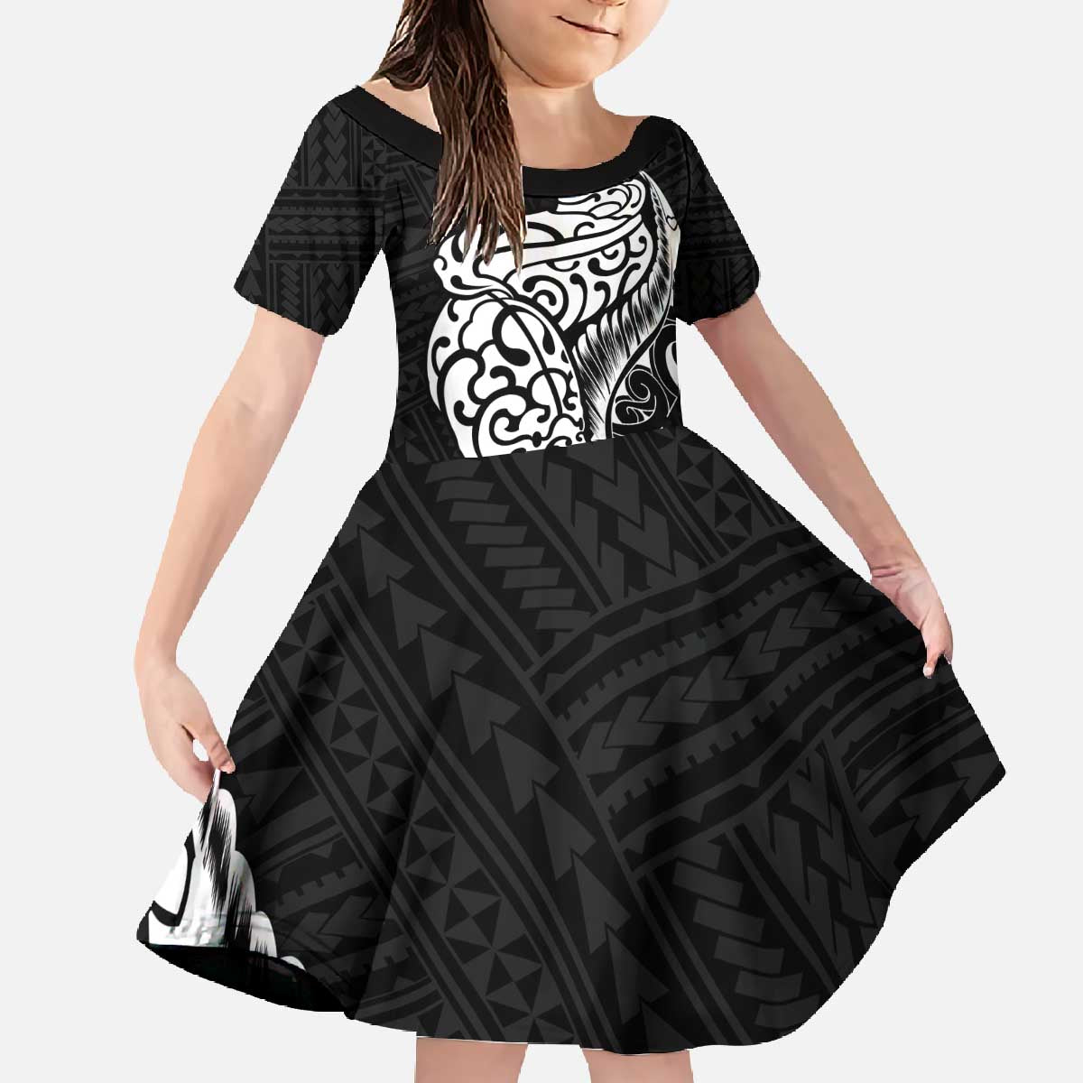New Zealand Eel Family Matching Off The Shoulder Long Sleeve Dress and Hawaiian Shirt Tuna Aotearoa Maori Patten - Black LT14 Daughter's Dress Black - Polynesian Pride