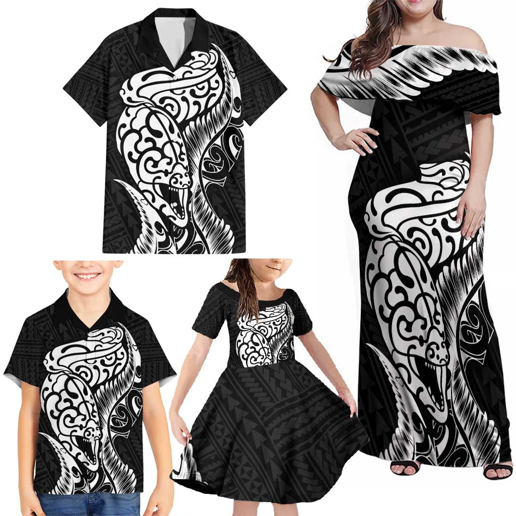 New Zealand Eel Family Matching Off Shoulder Maxi Dress and Hawaiian Shirt Tuna Aotearoa Maori Patten - Black LT14 - Polynesian Pride
