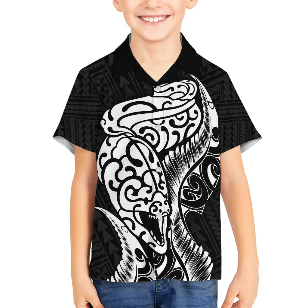 New Zealand Eel Family Matching Off Shoulder Maxi Dress and Hawaiian Shirt Tuna Aotearoa Maori Patten - Black LT14 Son's Shirt Black - Polynesian Pride
