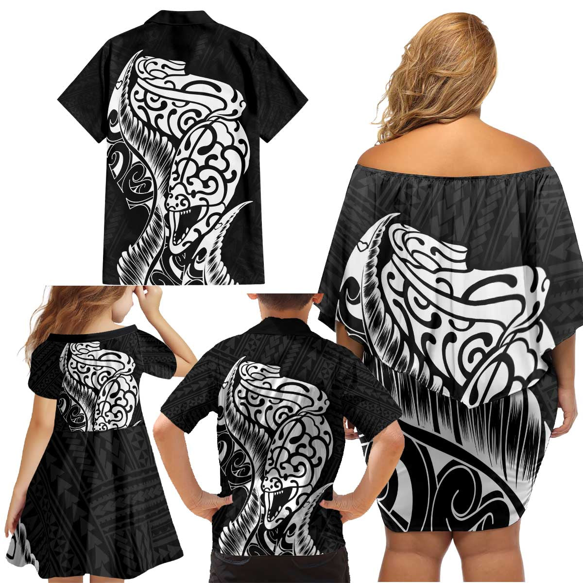 New Zealand Eel Family Matching Off Shoulder Short Dress and Hawaiian Shirt Tuna Aotearoa Maori Patten - Black LT14 - Polynesian Pride
