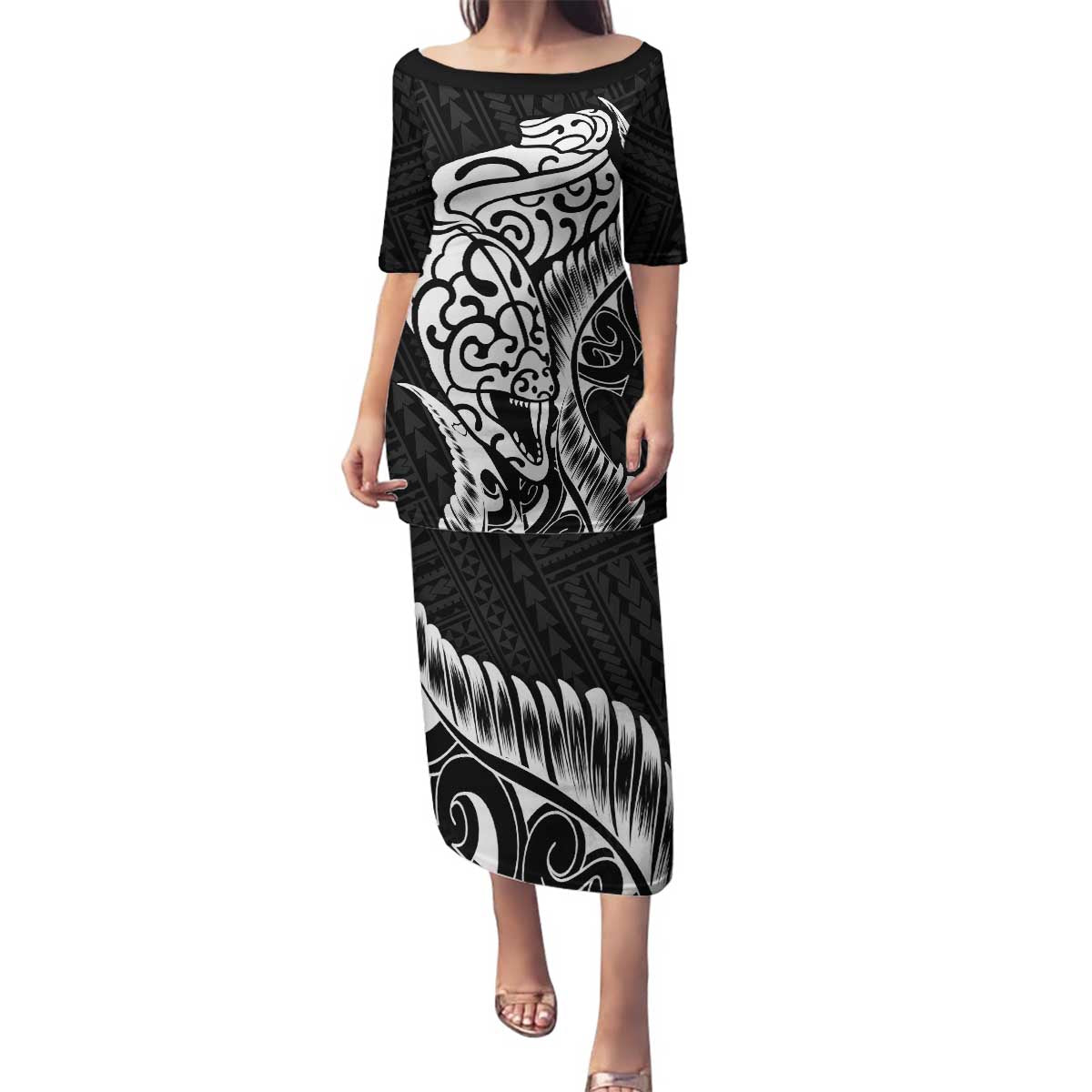 New Zealand Eel Family Matching Puletasi and Hawaiian Shirt Tuna Aotearoa Maori Patten - Black LT14 Mom's Dress Black - Polynesian Pride