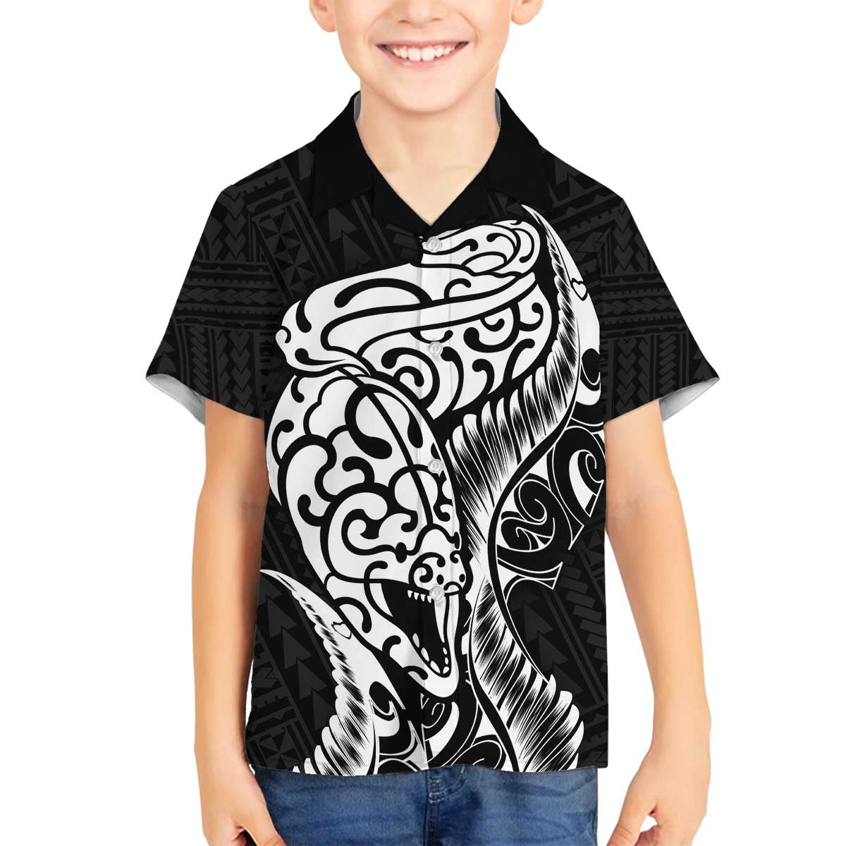 New Zealand Eel Family Matching Puletasi and Hawaiian Shirt Tuna Aotearoa Maori Patten - Black LT14 Son's Shirt Black - Polynesian Pride