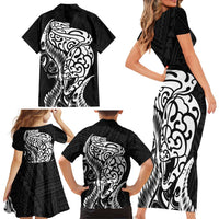 New Zealand Eel Family Matching Short Sleeve Bodycon Dress and Hawaiian Shirt Tuna Aotearoa Maori Patten - Black LT14 - Polynesian Pride