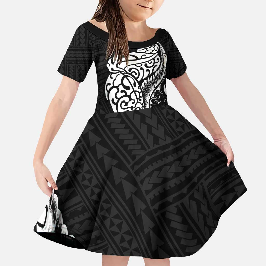 New Zealand Eel Family Matching Summer Maxi Dress and Hawaiian Shirt Tuna Aotearoa Maori Patten - Black LT14 Daughter's Dress Black - Polynesian Pride