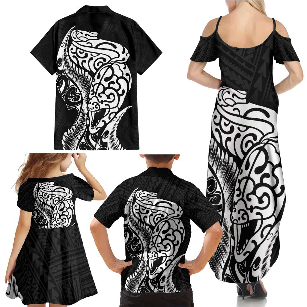 New Zealand Eel Family Matching Summer Maxi Dress and Hawaiian Shirt Tuna Aotearoa Maori Patten - Black LT14 - Polynesian Pride