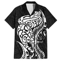 New Zealand Eel Family Matching Summer Maxi Dress and Hawaiian Shirt Tuna Aotearoa Maori Patten - Black LT14 Dad's Shirt - Short Sleeve Black - Polynesian Pride